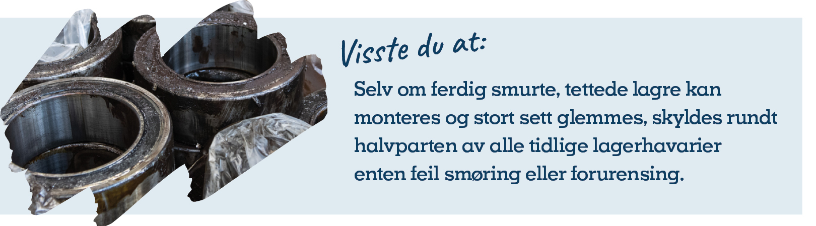 Utsnitt av brukte lagre som trenger vedlikehold. Lagerhavarier skyldes ofte enten feil smøring eller forurensing.