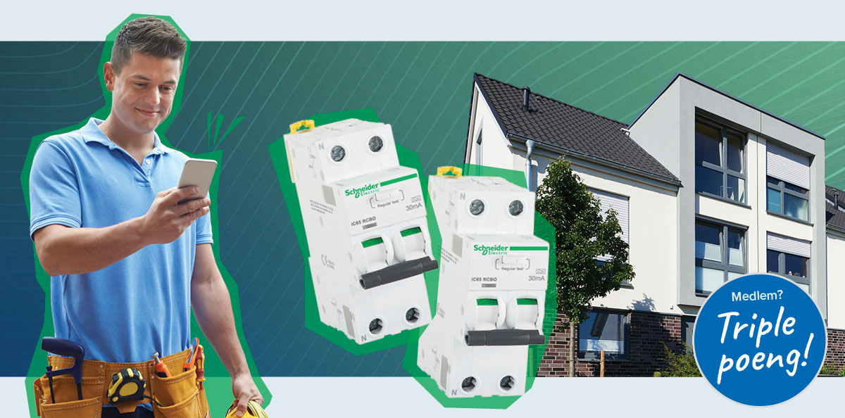 Moderne bolig, produktbilde av Acti9 iC65 RCBO og installatør med mobil. 