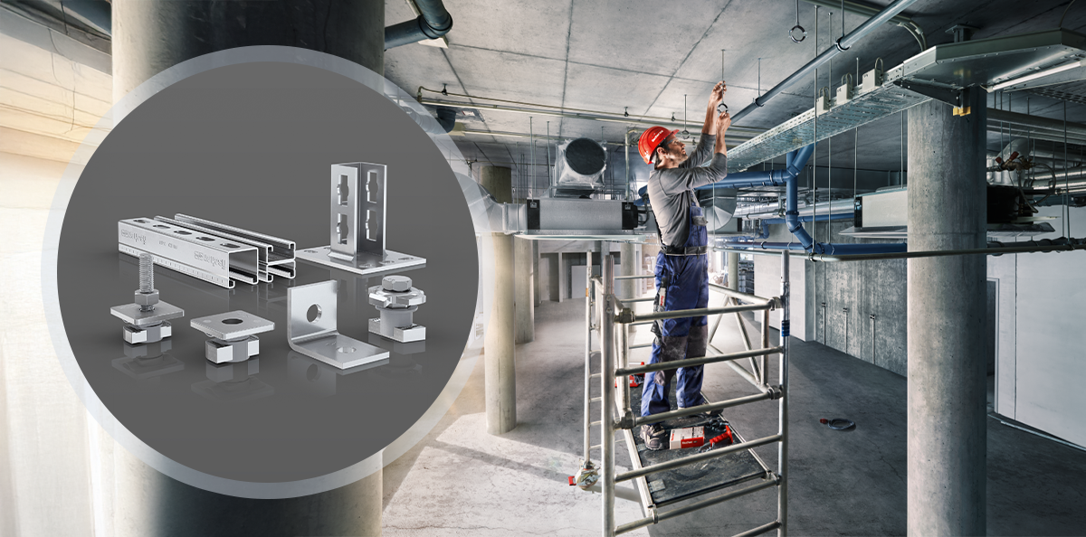 Utvalgte festemidler, og en mann som monterer sprinkelanlegg i tak