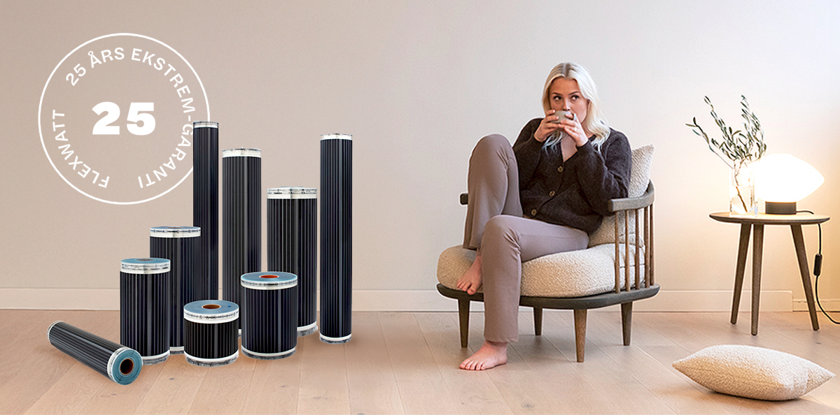 Varmefolie og en kvinne sittende i en lun stue