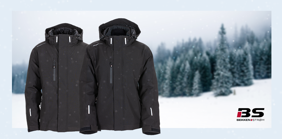 Dame- og herrejakke presentert på bakgrunn med vinterlandskap