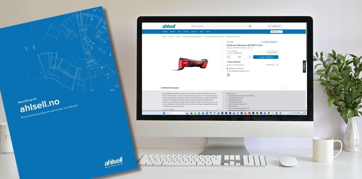 PC med ahlsell.no i nettleseren og brukerveiledning