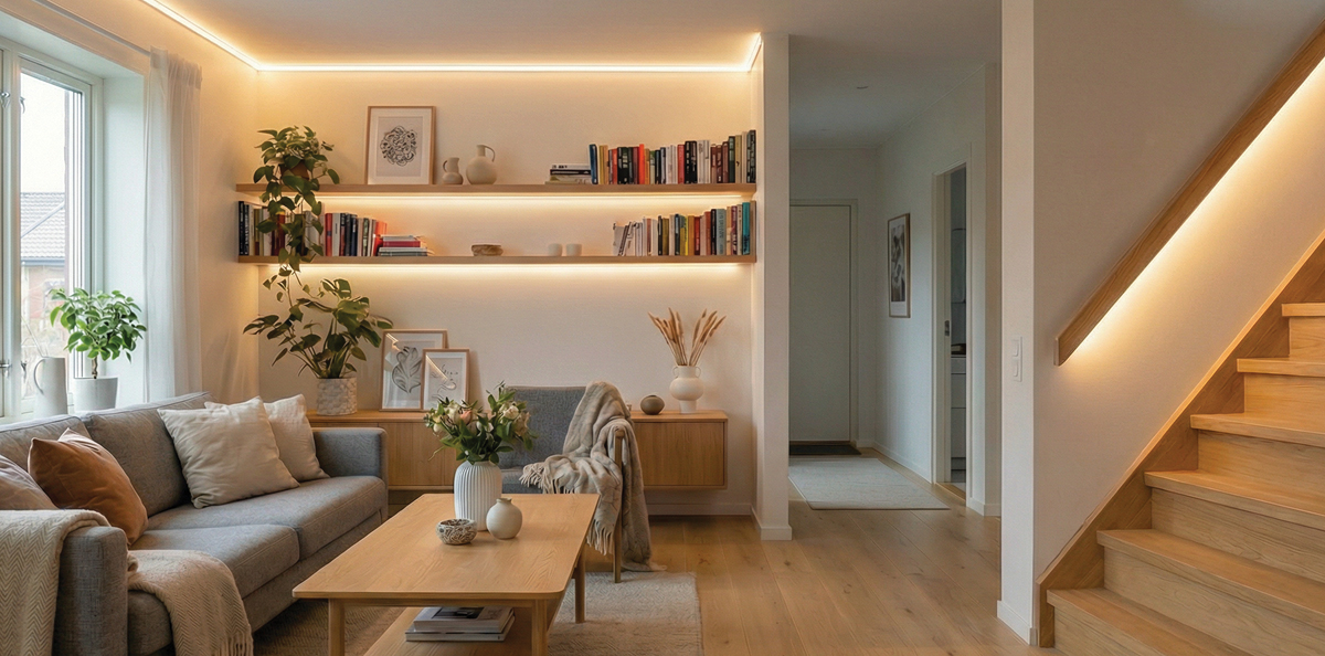 Privat stue med lun og kreativ LED-stripe belysning i tak, under hyller og ved trapp. Scanstrip COB Quick fra Aneta Lighting gir fleksible muligheter.