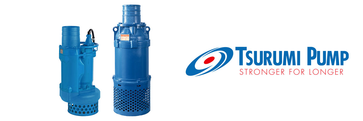 Tsurumi lensepumpe og logo på hvit bakgrunn