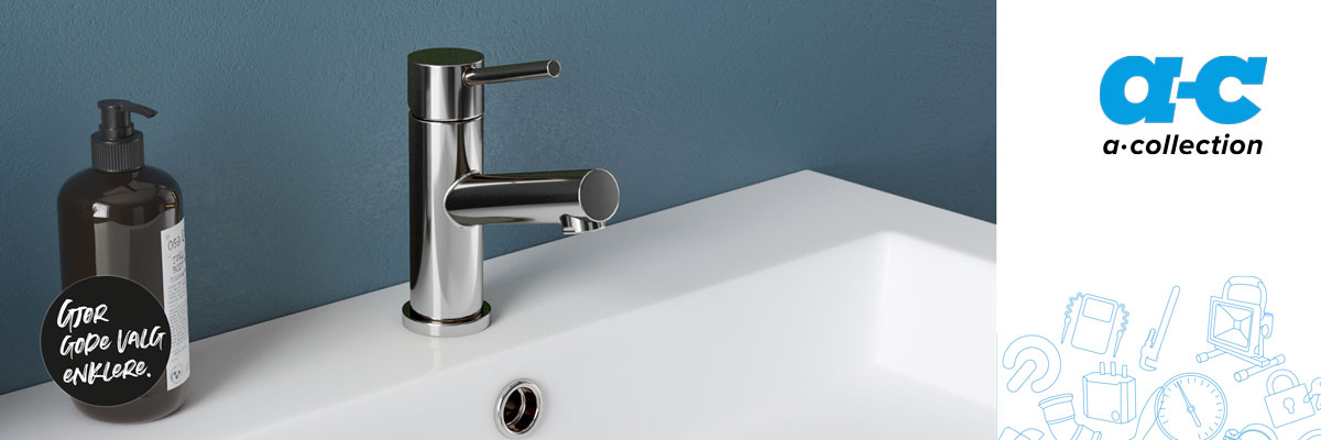 Servantbatteri i krom montert på porselensvask