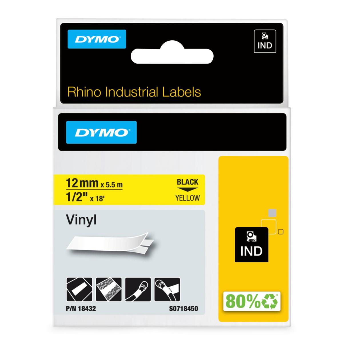 Merkebånd Dymo Rhino industri vinyl - Merketape Rhino IND Dymo 12mm gul vinyl