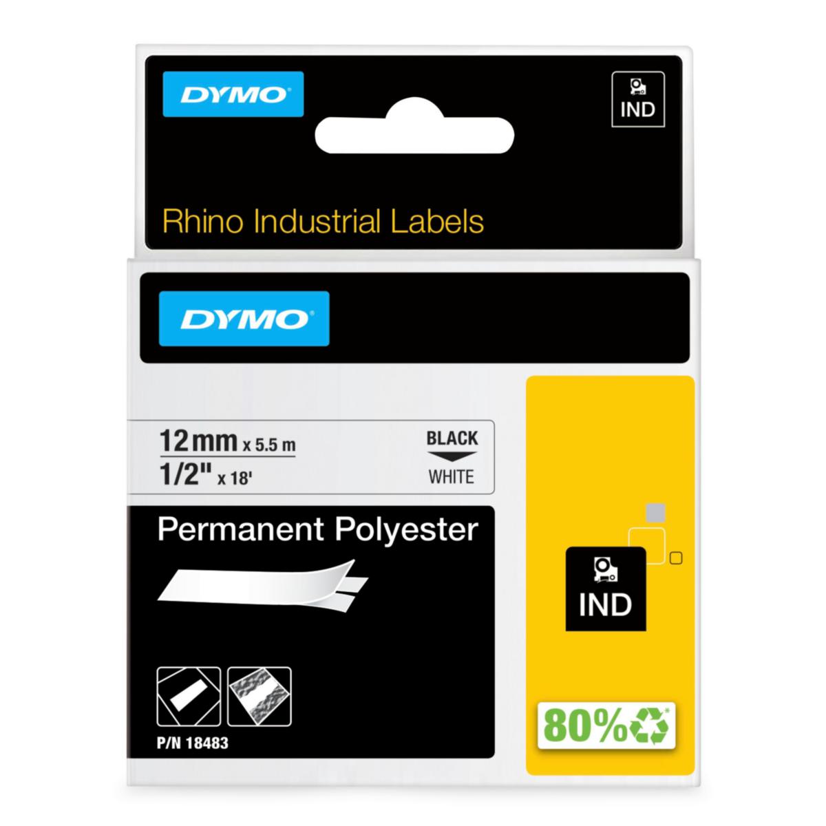 Merkebånd Dymo Rhino industri permanent polyester - Merketape Rhino IND Dymo 12mm hvit polyester