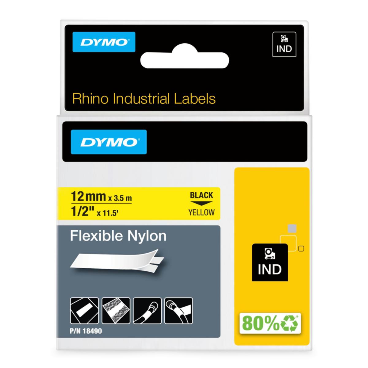 Merkebånd Dymo Rhino industri fleksibel nylon - Merketape Rhino IND Dymo 12mm gul fleksibel nylon