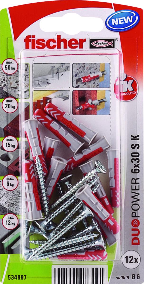 Universalplugg fischer Duopower - Universalplugg 6X30 Duopower m/skrue - 12stk fischer BK