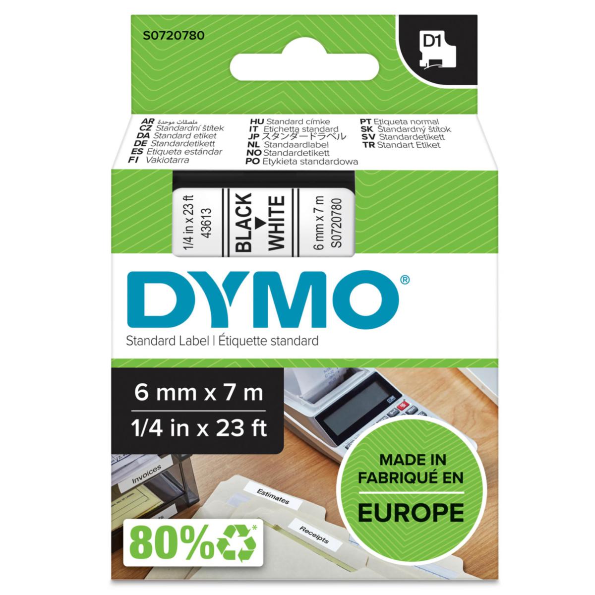 Merkebånd Newell Rubbermaid Dymo D1 - Merkebånd D1 Dymo 6mm hvit m/svart tekst