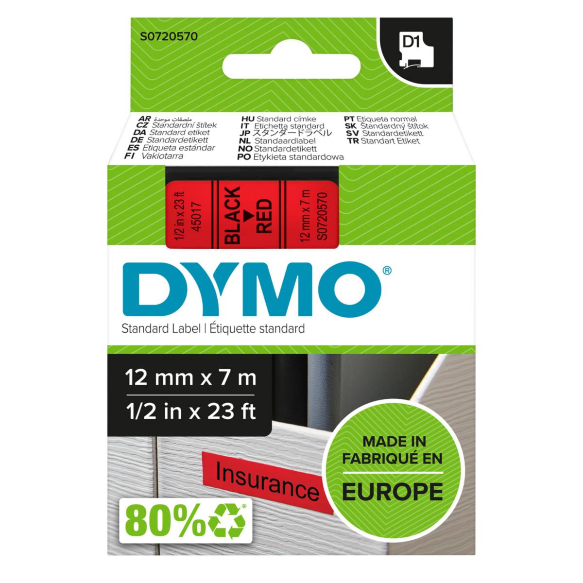 Merkebånd Newell Rubbermaid Dymo D1 - Merkebånd D1 Dymo 12mm rød m/svart tekst