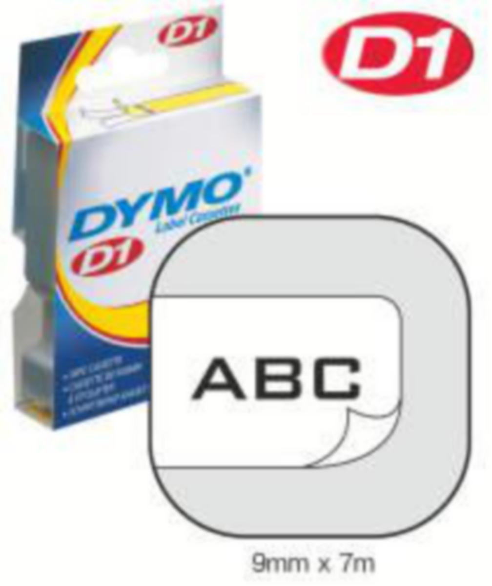 Kontortape Newell Rubbermaid Dymo - Dymo D1 pregetape 9mm sort skrift på hvit tape