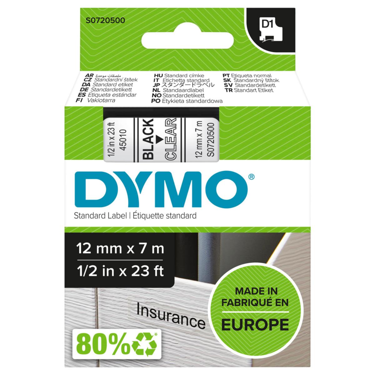 Merkebånd Newell Rubbermaid Dymo D1 - Merkebånd D1 Dymo 12mm klar m/svart tekst