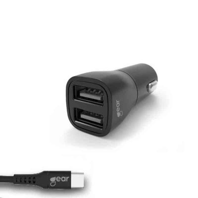GEAR Lader 12-24V 2xUSB 3.4A Svart USB-C 2.0 Kabel 1m