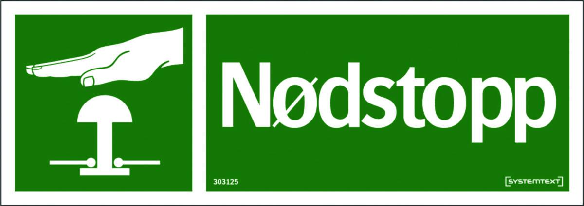 Skilt Systemtext "Nødstopp" grønn - Skilt Nødstopp grønn Systemtext 210x74mm Alu