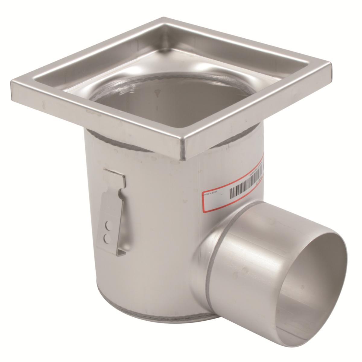 Industriavløp for betong- eller flisegulv, vannrett Ø110 mm, Blücher - 110 mm ind.avløp 200/200 mm side. AISI 304