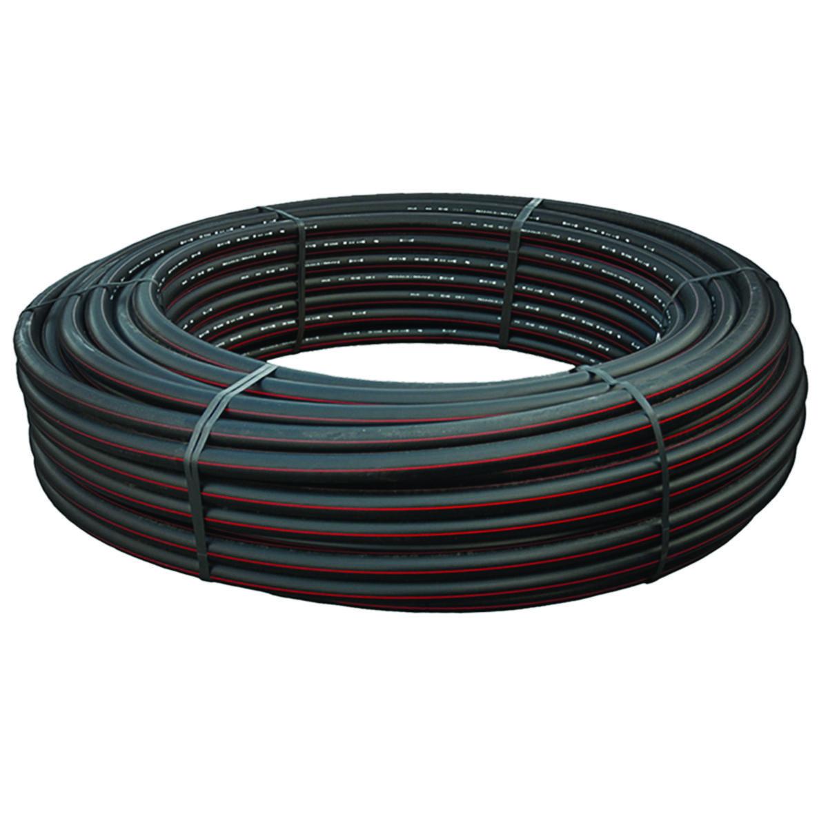 Kabelrør PE100 i kveil, m/rød stripe - 50 mm Kabelrør PE100 L=25 mtr kveil m/rød stripe. SN64