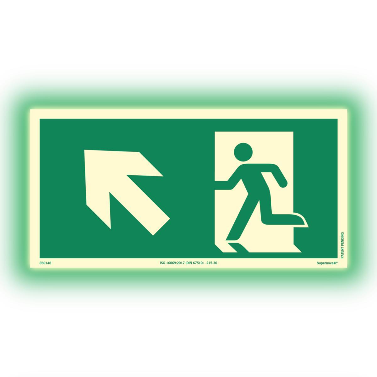 Skilt Systemtext Supernova+® Nødutgang opp til venstre - Skilt Supernova+ Nødutgang opp Systemtext 300x150mm Alu venst