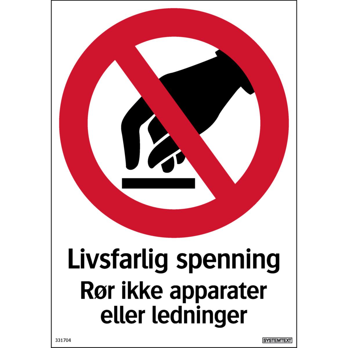 Skilt Systemtext "Livsfarlig spenning" - Skilt Livsfarlig spenning Systemtext 210x297mm Plast
