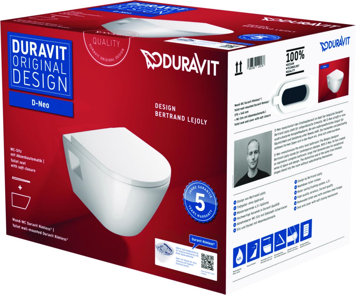 Veggskål D-Neo m/sete, Duravit - Duravit D-Neo veggskål pakke m/scqr sete. åpent feste