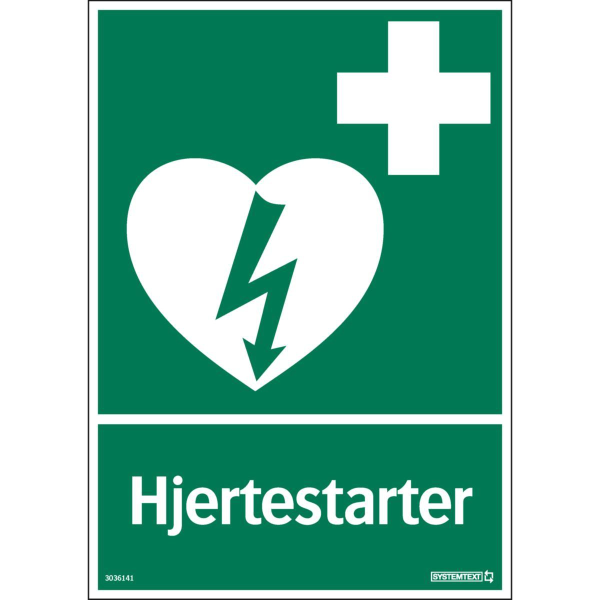 Skilt Systemtext "Hjertestarter" - Skilt Hjertestarter Systemtext 210x297mm Plast