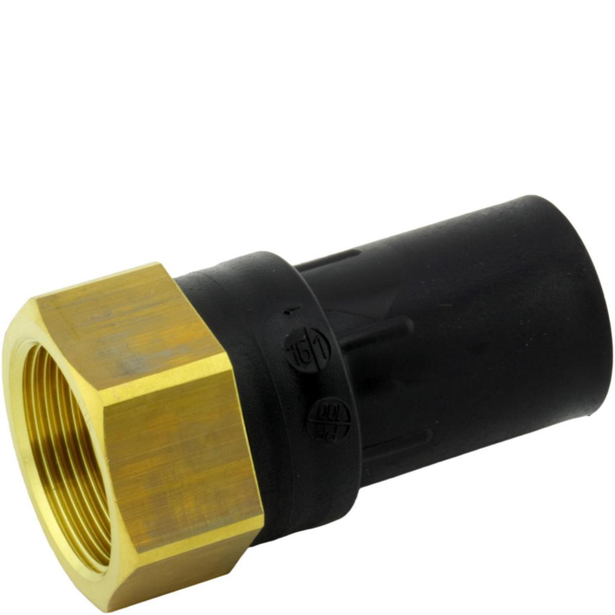 Nippelmuffe lang PE100 med messing innv. gjenge RBFE, GPA - 32mm x 1" lang nippelmuffe PE100 m/innv. gjenger Messing