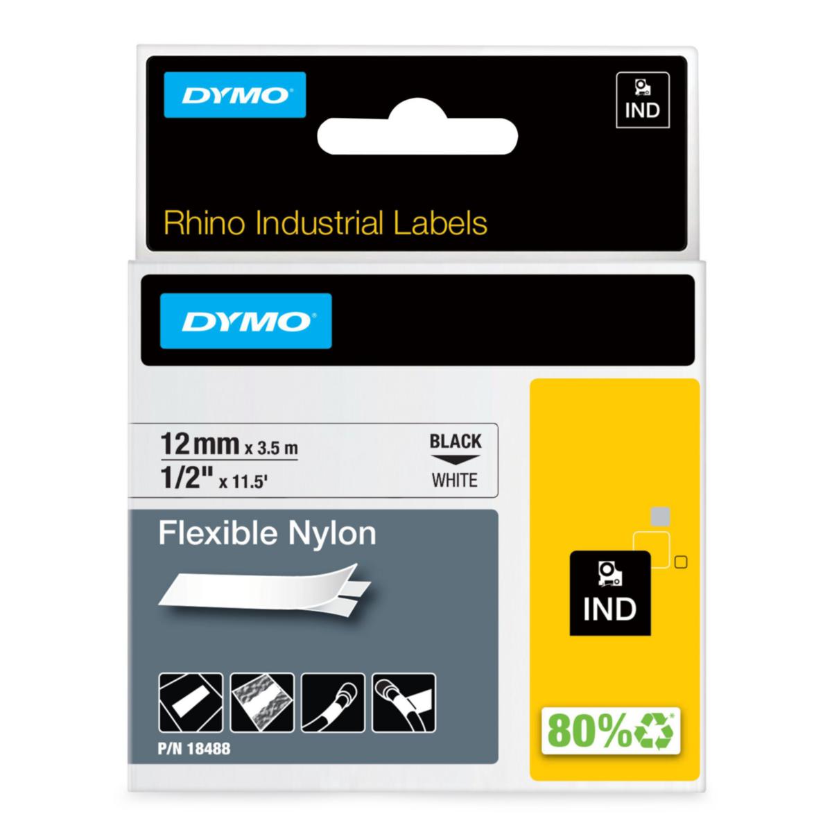 Merkebånd Dymo Rhino industri fleksibel nylon - Merketape Rhino IND Dymo 12mm hvit fleksibel nylon