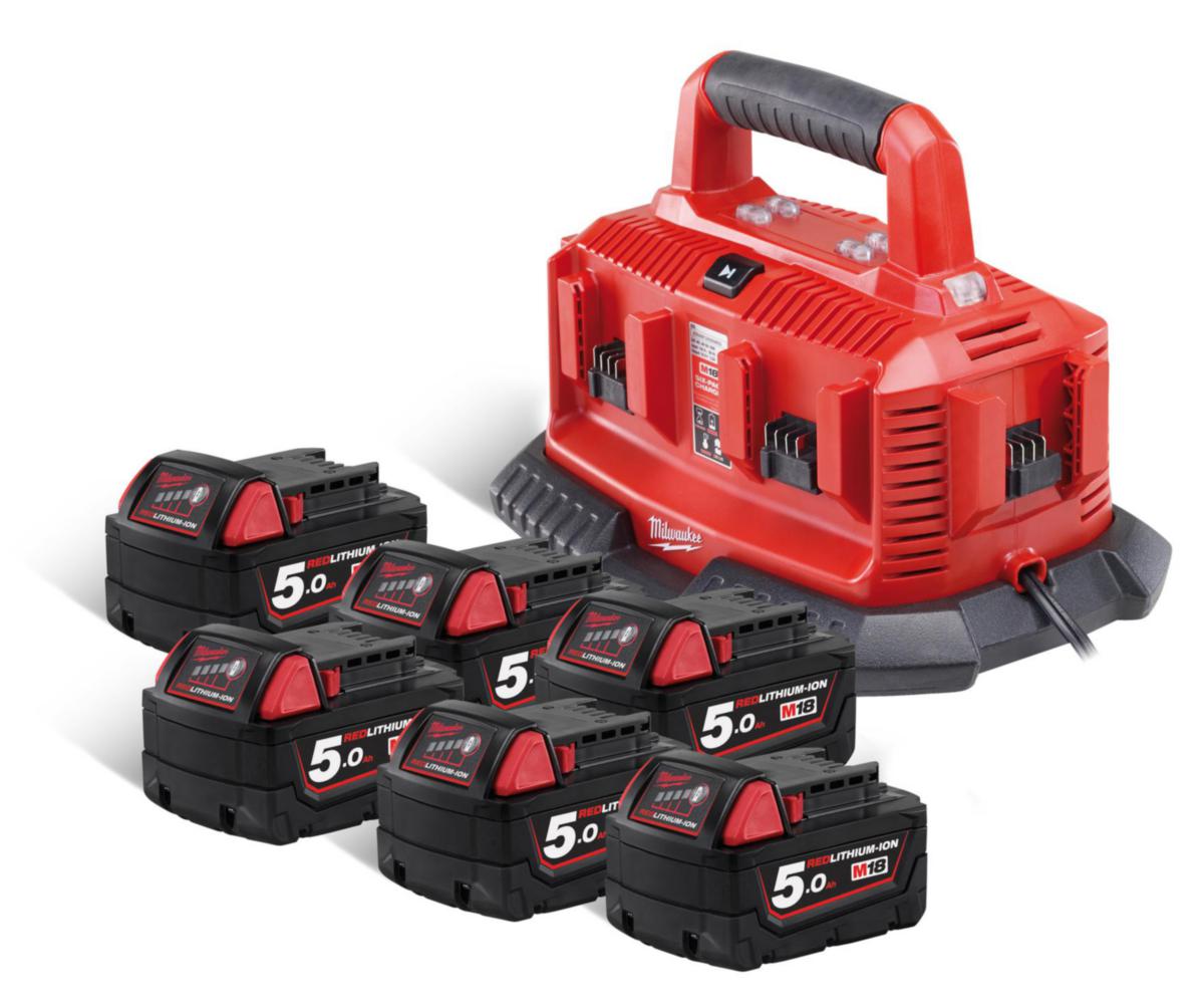 Batterisett Milwaukee M18 NRG-506C 18V 6x5.0Ah - Batterisett M18 NRG-506C Milwaukee 6x5Ah+M1418 C6 Lader