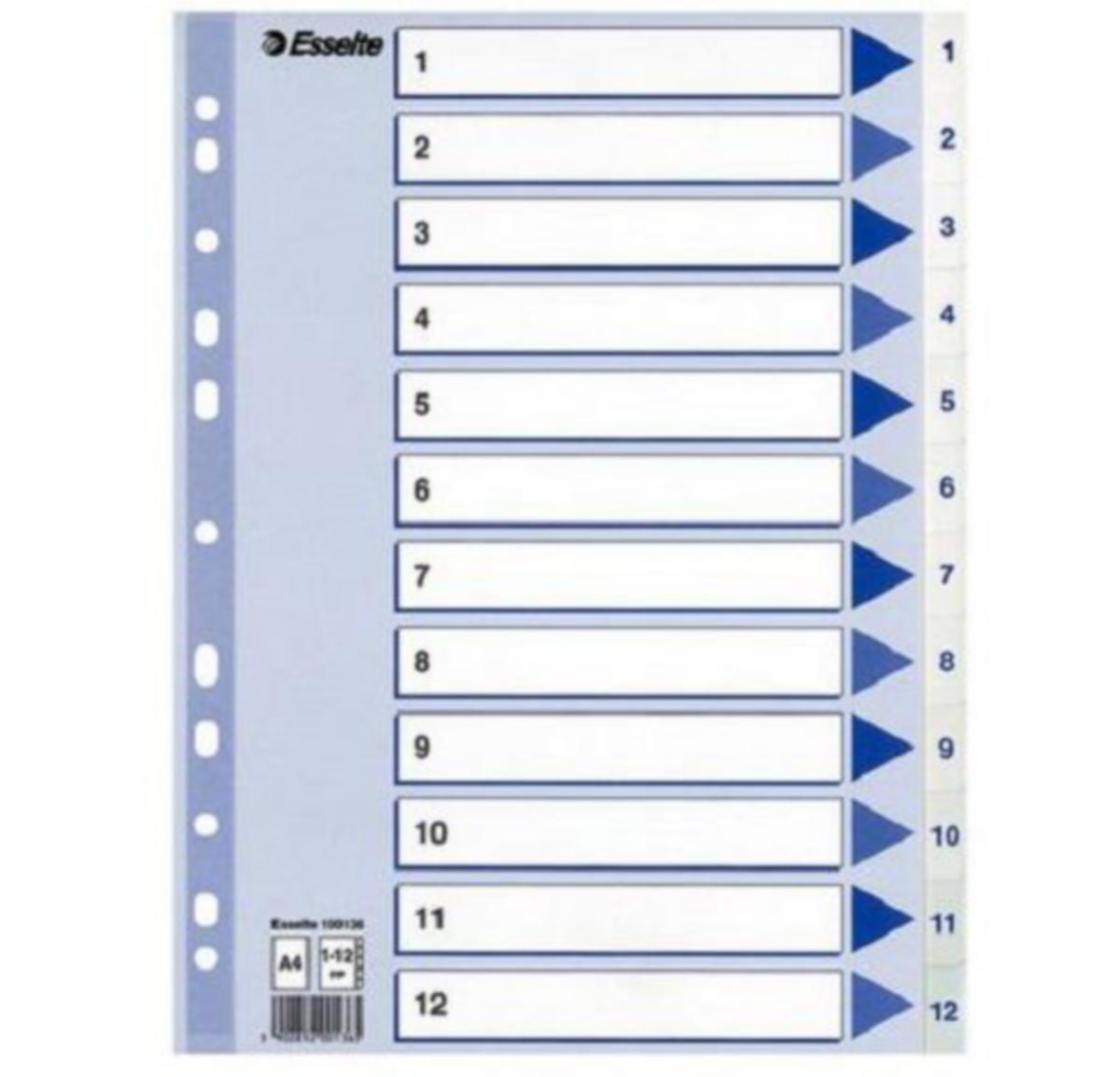 Register Esselte® - Register 1-12 A4 Esselte Plast 100136 Blå/Hvit