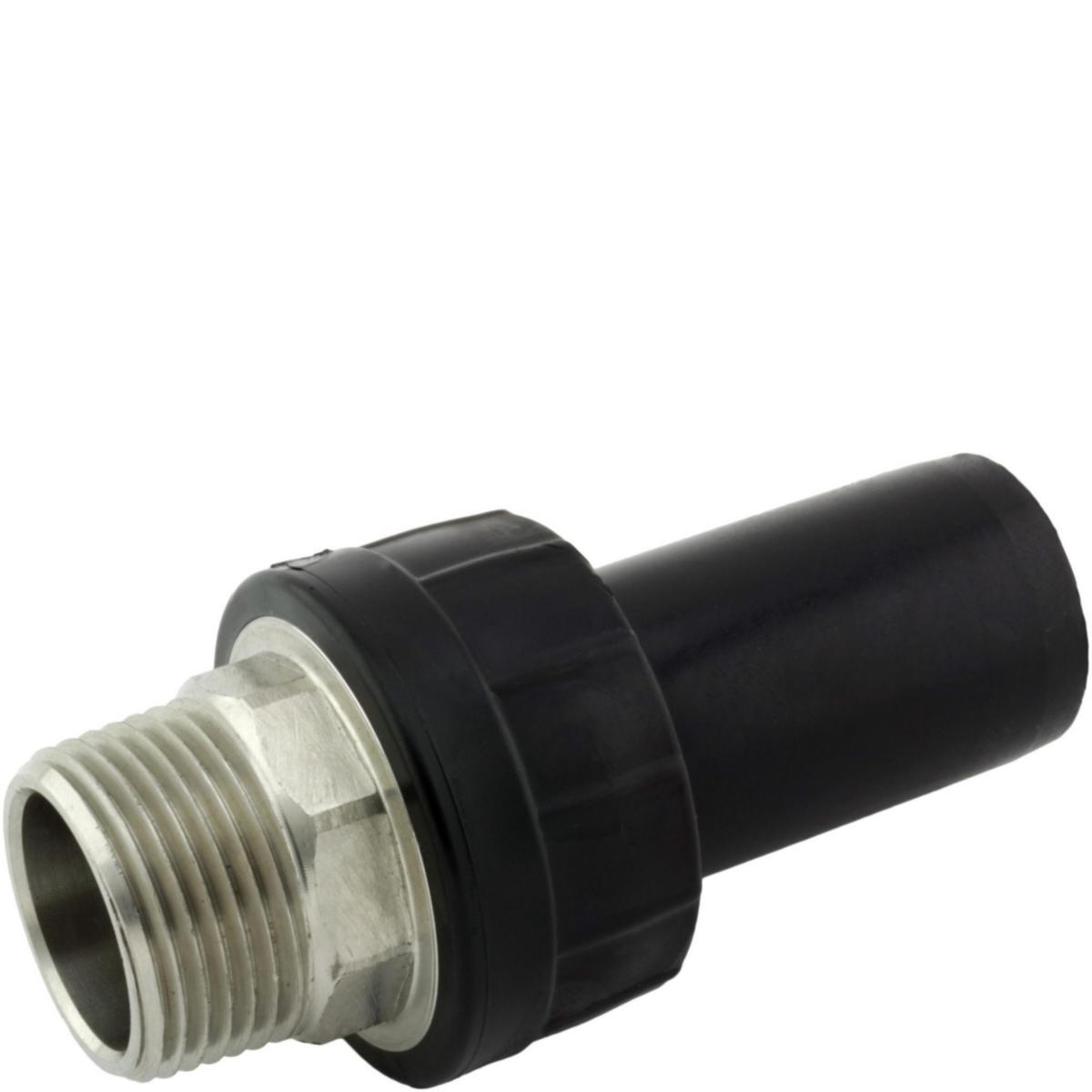 Nippelmuffe lang PE100 med syrefast utvendig gjenge NIFE-SS, GPA - 20mm x 1/2" lang nippelmuffe PE100/SS316 m/utv. gjenger