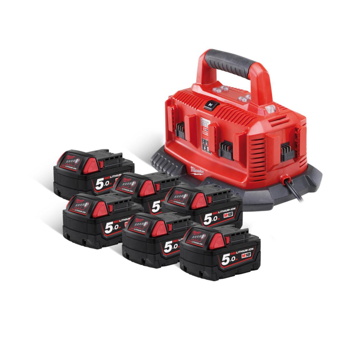 Batterisett Milwaukee M18 NRG-506C 18V 6x5.0Ah - Batterisett M18 NRG-506C Milwaukee 6x5Ah+M1418 C6 Lader