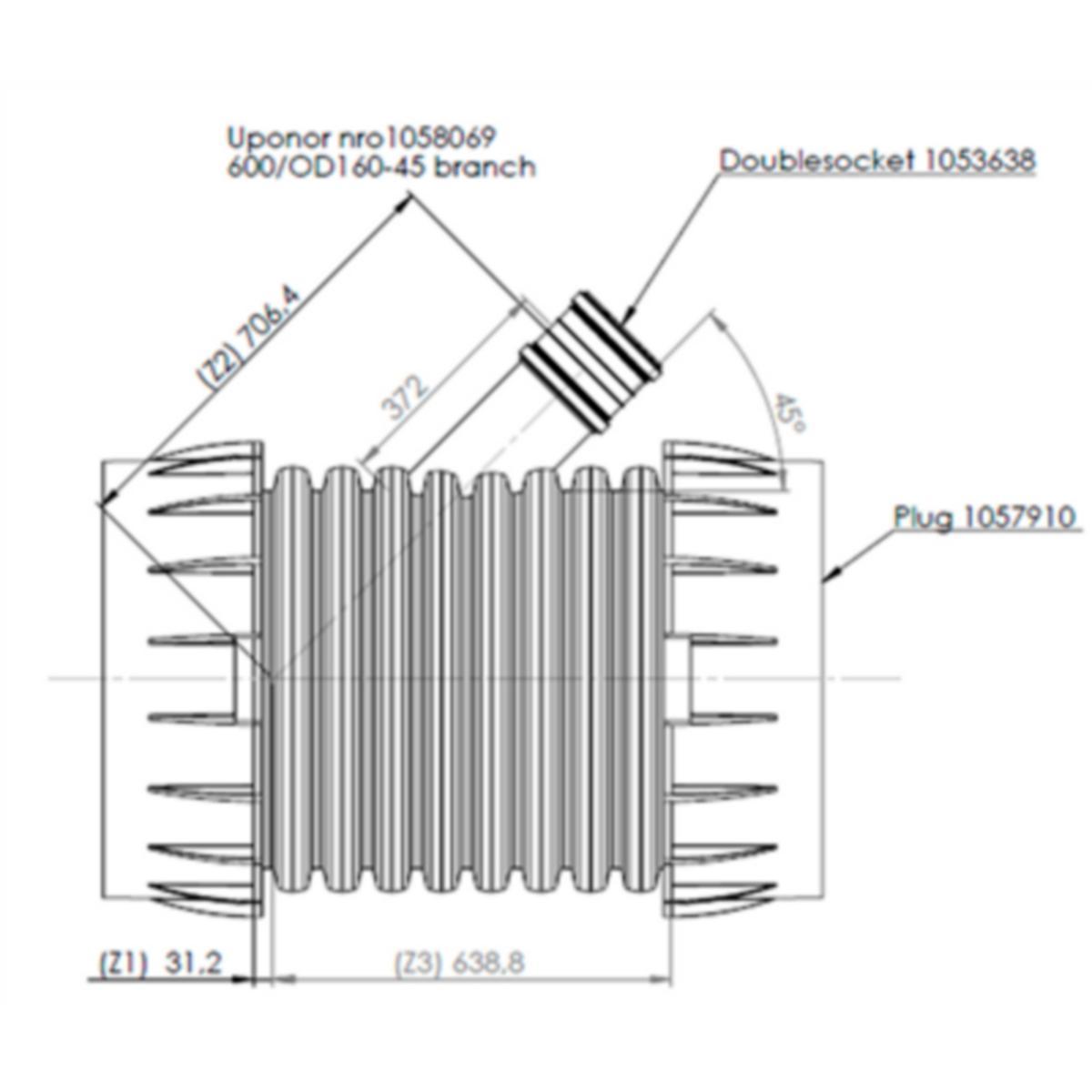 IQ Grenrør 45° Uponor for overvannsrør - 600/160 inv. x 45gr IQ grenrør m/3 muffer Uponor 1058069