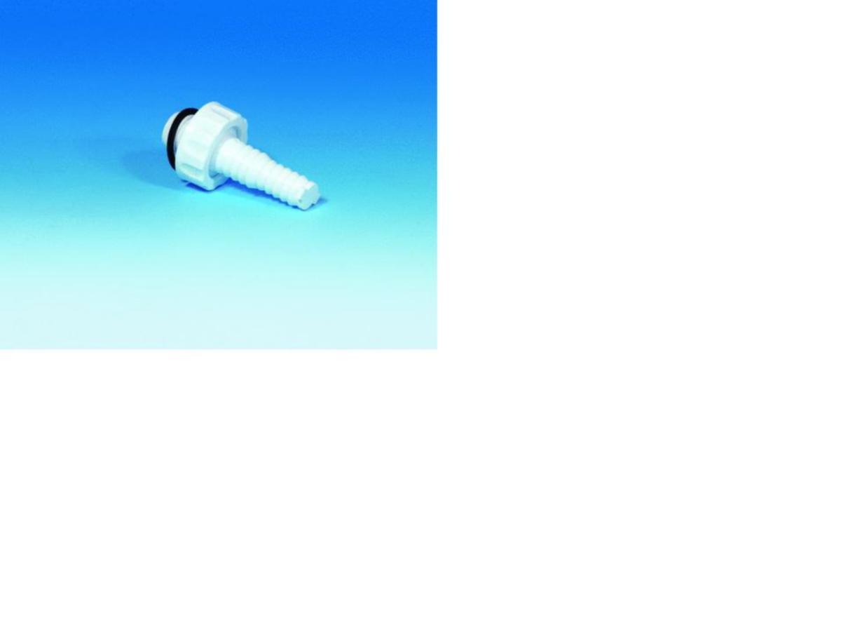 Slangenippel med mutter og pakning PP, Purus - Gummiplugg f/v.mask. hvit inkl. 1" mutter. art. 51535