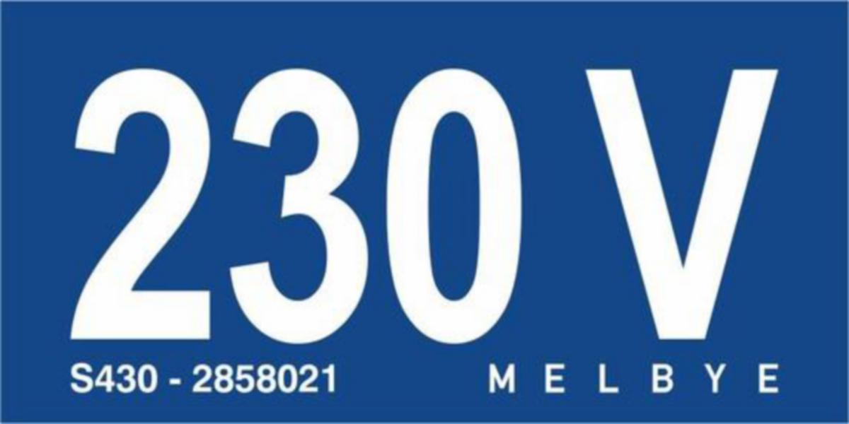 Skilt Melbye selvklebende for spenning - Selvkl. skilt 230V 5stk=1remse