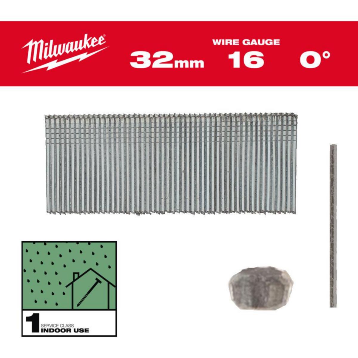 Dykkert Milwaukee 16G/0°/G/C1 galvansiert - Dykkert 16G/0/32mm/G/C1 Milwaukee 5000pk