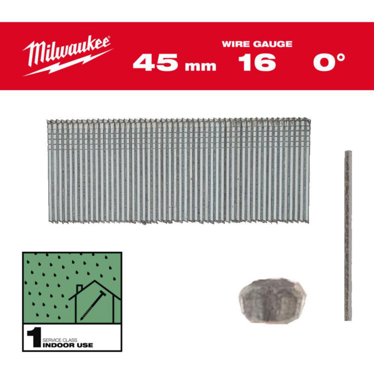 Dykkert Milwaukee 16G/0°/G/C1 galvansiert - Dykkert 16G/0/45mm/G/C1 Milwaukee 2500pk