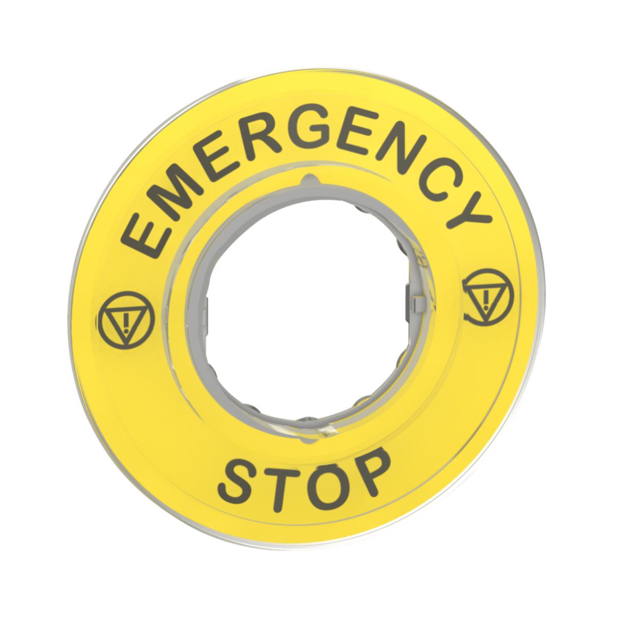 Merket gult skilt for nødstopp Schneider - Merket skilt Ø60 for nødstopp Emergency stop/logoISO13850