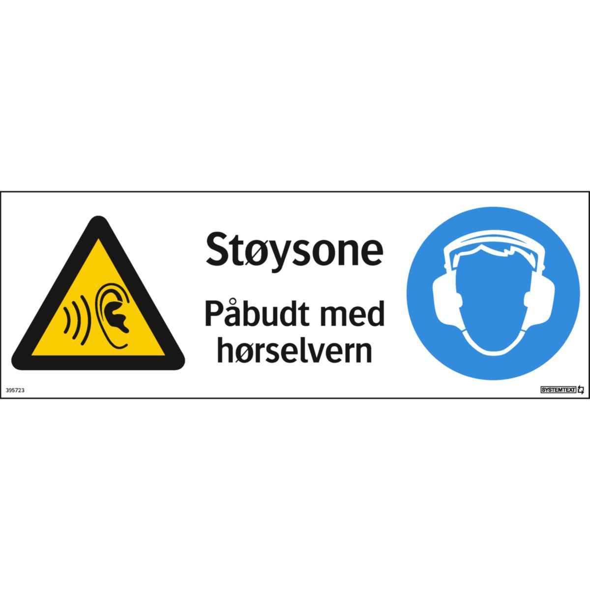 Skilt Systemtext "Støysone Påbudt med hørselvern" - Skilt Støysone Påbudt hørselv Systemtext 420x148mm HP