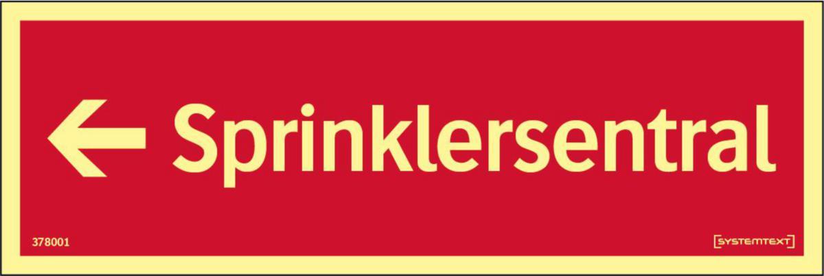 Skilt Systemtext GlowLite™ Sprinklersentral pil venstre - Skilt Sprinklersentral pil V Systemtext 300x100mm GlowLite
