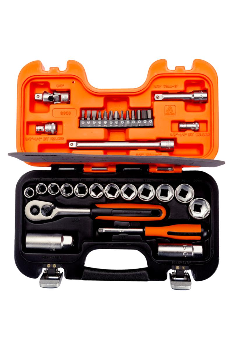 Pipenøkkelsett Bahco S330, 1/4", 3/8" 33 deler - Pipesett S330 metrisk Bahco 1/4" 3/8" 34 deler koff.