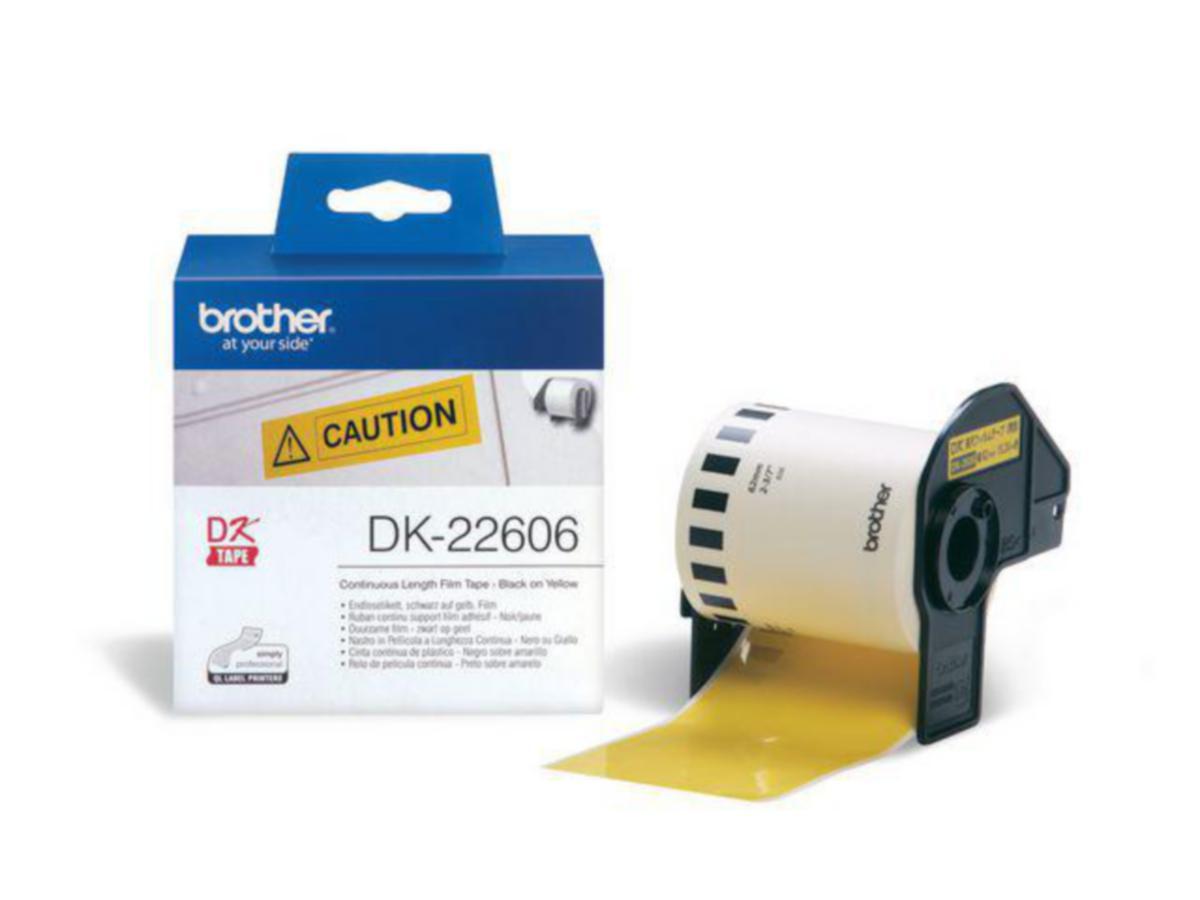 Etikett DK22606 svart på gul Brother - Etikett DK22606 svart på gul Brother 62mm x 15,24m plast