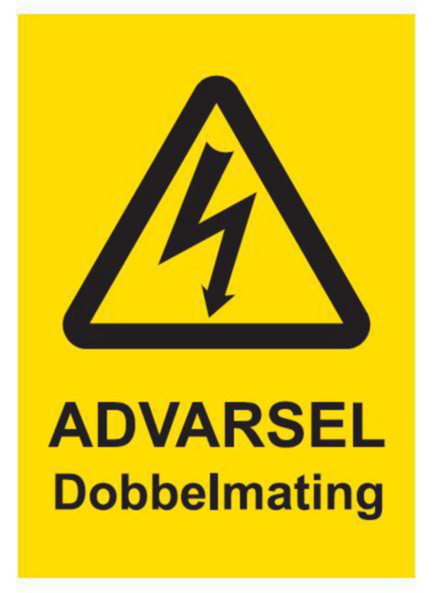 Varselskilt Melbye "Advarsel dobbelmating" - Skilt ADVARSEL Dobbelmating Skilt selvklebende 74x52 mm.