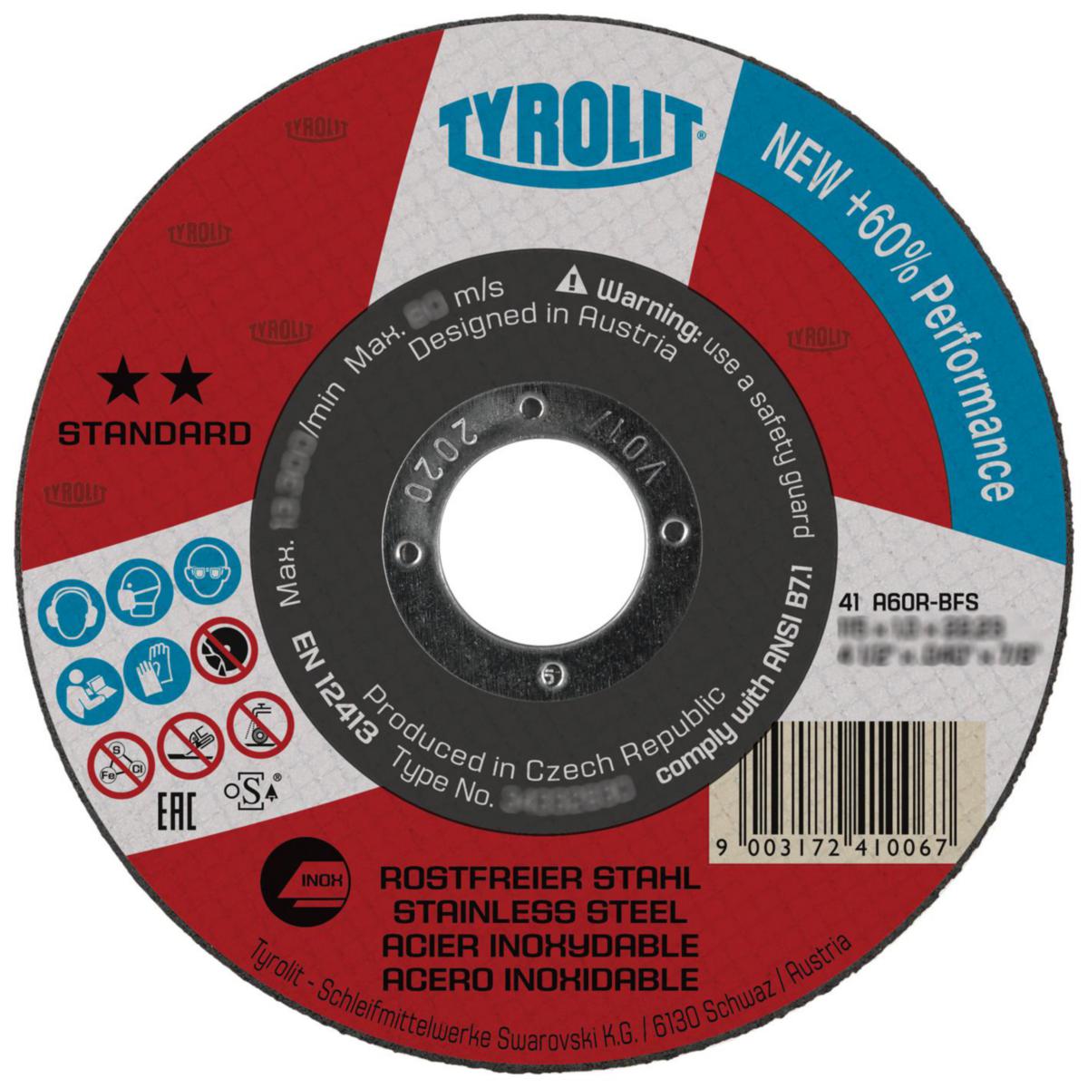 Kappeskive Tyrolit Standard** for inox - Kappeskive Standard A60R-BFS Tyrolit Ø125X1.0X22.23mm inox